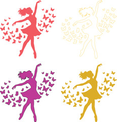 Graceful ballerina silhouette vector set, dancing woman with flowing butterflies, elegant ballet dancer illustration, feminine dance art for design projects isolated PNG with Transparent © Abida