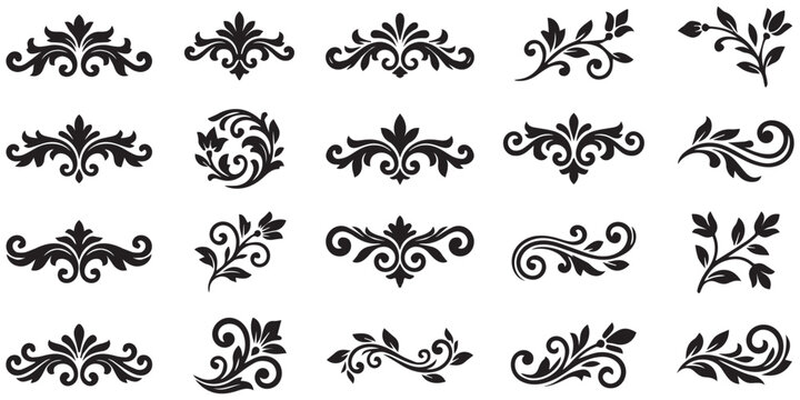 Decorative ornamental elements with elegant swirling patterns.