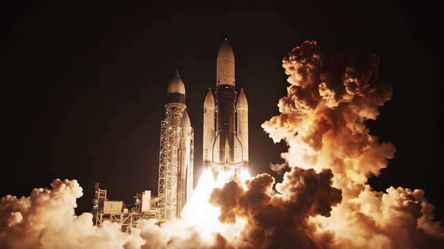 Rocket launch at night with flames and smoke highlighting industrial scale and construction progress