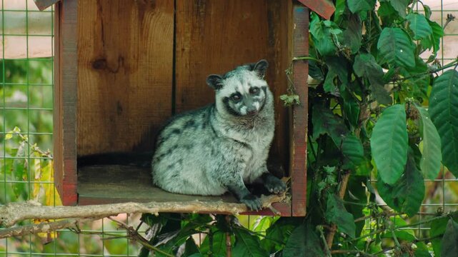 Asian palm civet resting in its wooden den on a vietnam coffee farm in southeast asia