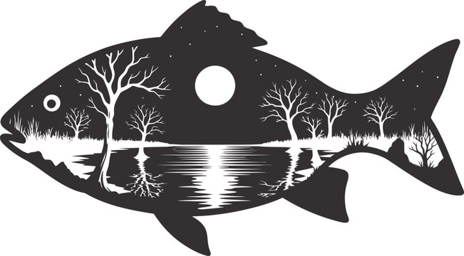 Halloween fishing skeleton spooky fish graphic with trees and moon