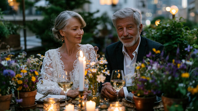 An older groom surprises his bride with a private dinner on a rooftop at World Environment Day, surrounded by potted wildflowers and candlelight, ideal for second marriages, romantic gesture, and mo