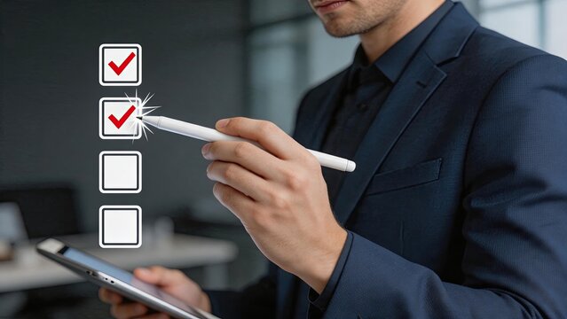 Man checking tasks on tablet screen with stylus pen, productivity checklist, goal achievement, project management, planning strategy, completing assignments and organizing daily