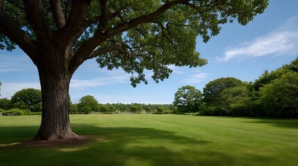 Obraz premium A majestic shade tree overhangs a lush expansive green lawn that stretches towards a dense forest line under a bright sky
