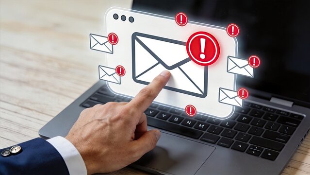 Hand touching holographic email icon with red exclamation marks, urgent message notification alert on laptop screen, spam warning symbol, inbox overload concept, digital