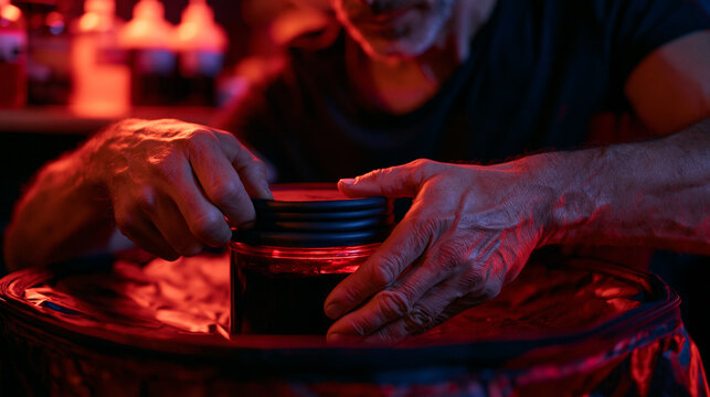 Darkroom photographer agitating a film canister in a changing bag in total blackout, hands working the twist cap through thick rubber gaskets, red safelight barely illuminating chemical bottles on t