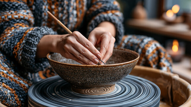 Hands trimming excess clay from a freshly thrown bowl with a wire tool on a bat, clean spiral cut visible on the base, wheel still faintly wet, natural light from a high clerestory window casting a 