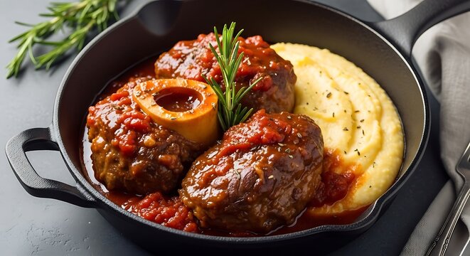 Delicious osso buco veal shank with creamy polenta served in a hot black cast iron skillet pan meal. veal osso bucco 
