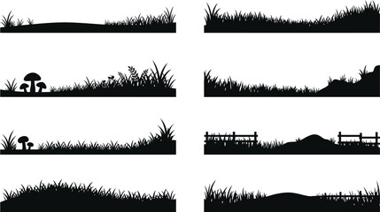 grass silhouettes with landscape elements black on white background © Al Amin