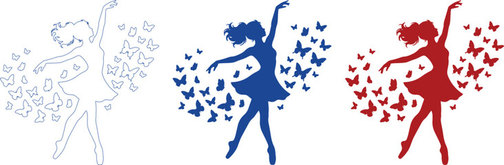 Graceful ballerina silhouette vector set, dancing woman with flowing butterflies, elegant ballet dancer in outline, blue, and red, artistic performance graphic resource isolated PNG with © Abida