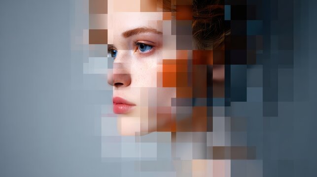 Abstract digital portrait of a woman's profile with fractured pixel elements, showcasing beauty and technology