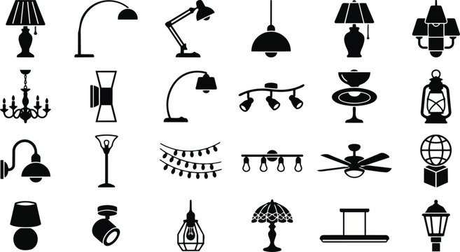 Collection of diverse lighting fixtures including chandeliers lamps lanterns and modern ceiling lights displayed as a set of flat black icons representing home decor and interior design elements on tr