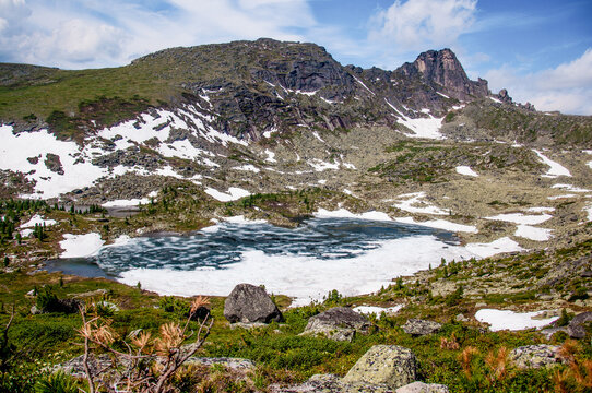 Landscape of Siberia Ergaki mountains, mountain range in haze summer