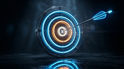 Fototapeta premium Bullseye Brilliance: A glowing arrow hits the center of a futuristic target, symbolizing precise aim, focus, and the achievement of goals, all within a high-tech and dynamic setting.