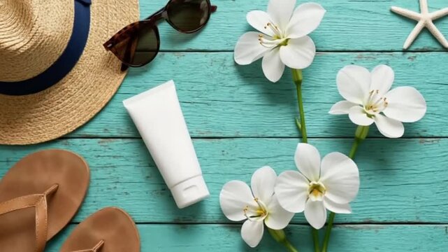 video of flat lay of beach essentials with cream tube on weathered turquoise  wooden surface. concepts of summer holidays, vacation, health care, spf protection