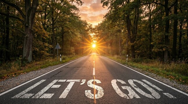 A Road to New Beginning: A long road stretches into the distance, framed by tall trees, with a radiant sunrise, inviting the viewer to embark on a journey of new possibilities.