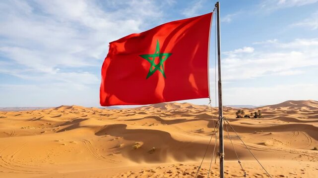 Tracking pan slow motion handheld shot of moroccan flag waving and billowing on pole over sand dunes in desert landscape during daytime