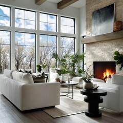 Fototapeta premium Cozy Living Room With Large Windows and Fireplace in a Modern Home