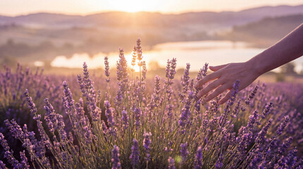 A gentle hand reaching out to touch aromatic lavender flowers in a vast field during a beautiful sunset. © Trong