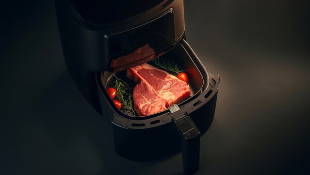 Raw t-bone steak and cherry tomatoes with rosemary sprigs inside a black air fryer basket, ready for cooking