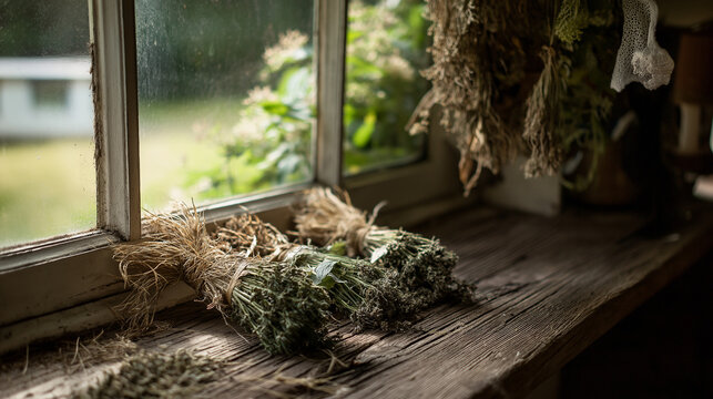 lovage. Rustic kitchen windowsill with bundles of drying lovage herbs on a wooden surface in soft afternoon light. menu design.