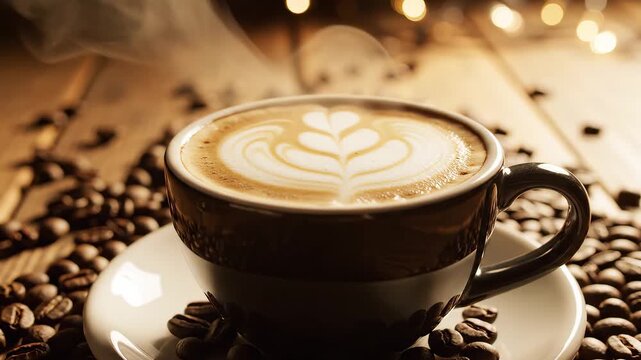 Coffee cup with latte art on wooden table for immersive visual experiences and creative projects