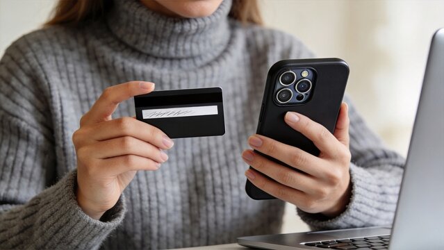 Woman holding credit card and smartphone for online payment, mobile banking transaction, e-commerce shopping checkout process, digital wallet usage at home desk with laptop