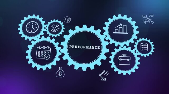  Business performance concept featuring glowing digital gears with icons for growth, tracking, and efficiency on a blue gradient background.