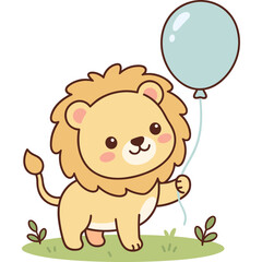 Fototapeta premium A smiling lion cub holds a blue balloon on green grass outdoors