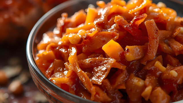 Close-up of delicious homemade carrot chutney in a glass bowl, savory condiment