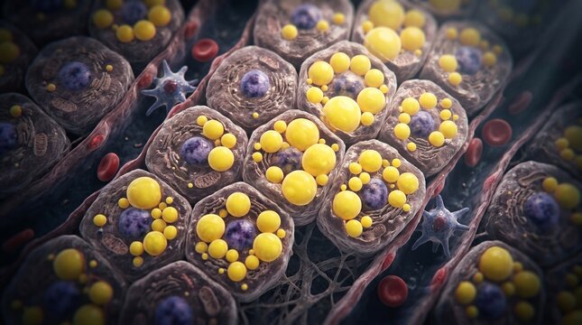 Extreme macro 3D render of liver cells with visible intracellular fat accumulation. Bright yellow lipid droplets surrounding hepatocytes, hyper-realistic medical microscopy style, shallow depth of fie