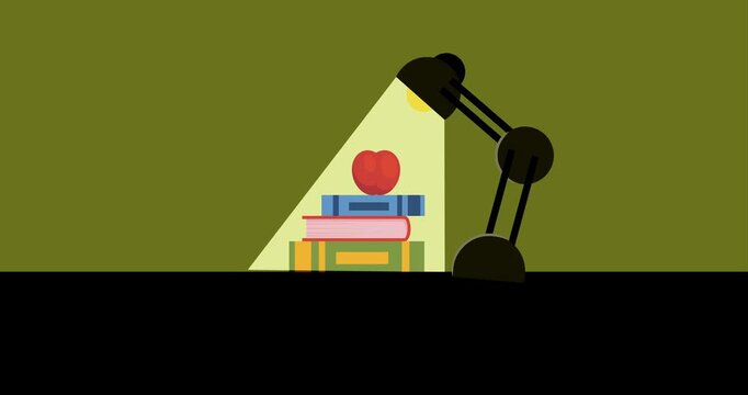 Animation of a stack of three colorful books with a red apple on top, lit by a desk lamp. Visualizes the learning process and the pursuit of knowledge. 
