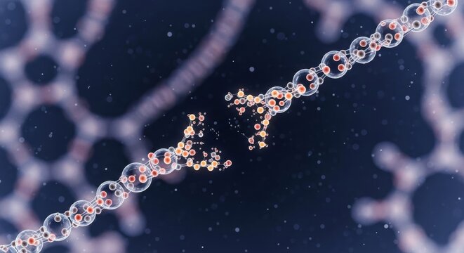 Abstract representation of a broken molecular chain, possibly DNA or protein structure, against a dark, cosmic background