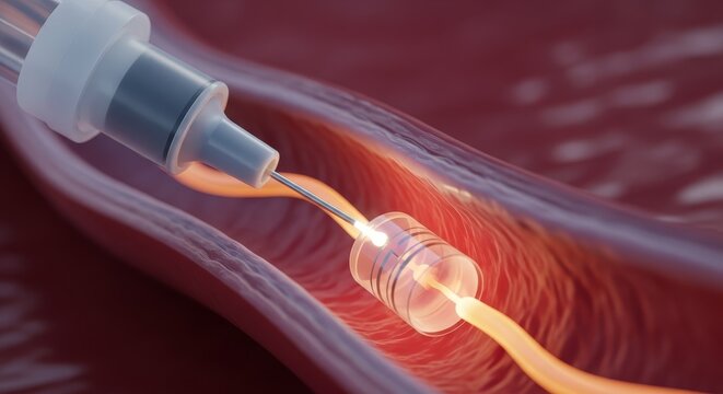 Close-up medical illustration of a laser catheter performing a delicate internal vascular procedure