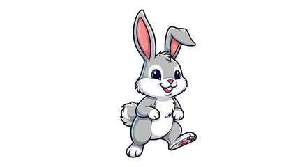 Obraz premium A cute cartoon illustration of a fluffy gray bunny rabbit with long ears and a fluffy tail, happily hopping with a smile.