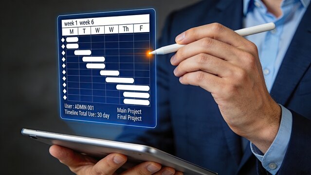 Business professional using digital tablet with holographic gantt chart interface, project management timeline planning, data analysis and scheduling concept for corporate