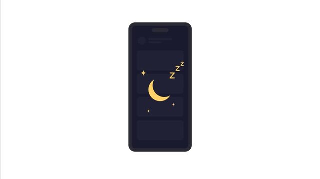 Smartphone dark mode animation transitioning to night sleep mode with crescent moon and stars icons