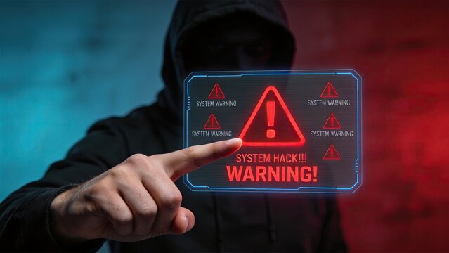 Hooded hacker pointing at virtual system hack warning screen with red alert triangle icon, cybersecurity threat data breach malware virus attack protection privacy safety network