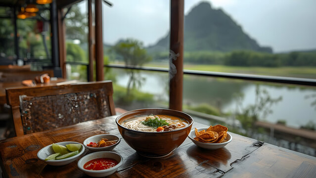 Delicious Soup Bowl with Accompaniments on a Wooden Table, Scenic Riverside View