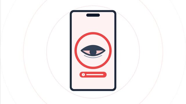 Smartphone animation showing biometric eye tracking scanning and detecting fatigue with red warning alert