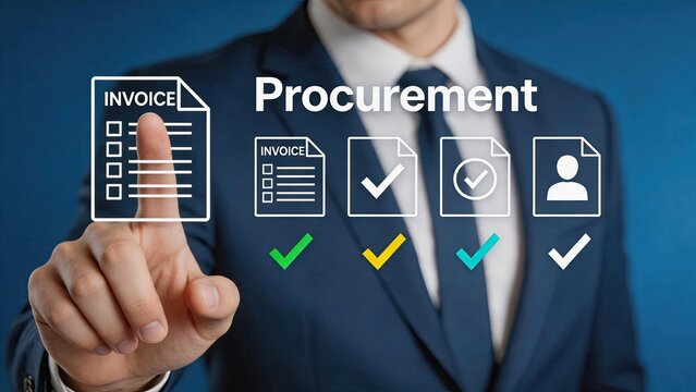 Procurement process illustration with invoice documents and checklist icons, supply chain management, purchasing workflow, business administration, corporate finance operations,