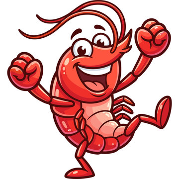 A cheerful cartoon lobster character happily dances with raised claws.