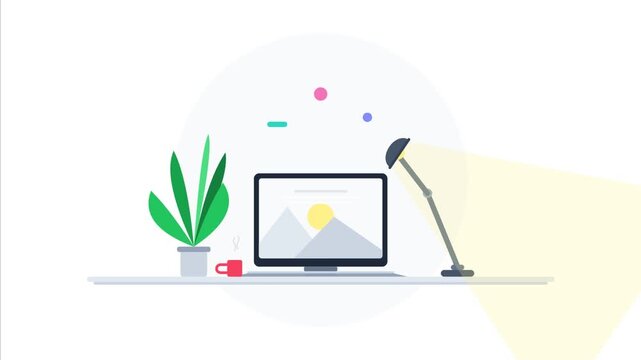 Animated minimalist desk setup with a lamp turning on, monitor, plant, and coffee