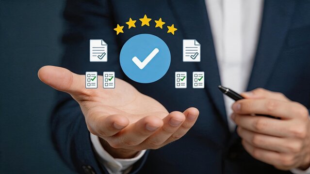Businessman hand holding floating checkmark icons, digital approval concept for contracts and agreements, professional verification symbolizing success in corporate environment