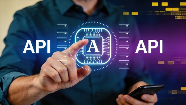 API integration chip processor digital interface, developer connecting application programming interfaces with glowing circuit board symbolizing software development and system