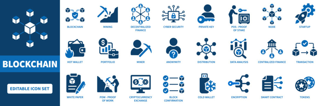 Blockchain and cryptocurrency vector icon set featuring decentralized finance, smart contracts, mining, and secure digital wallet symbols
