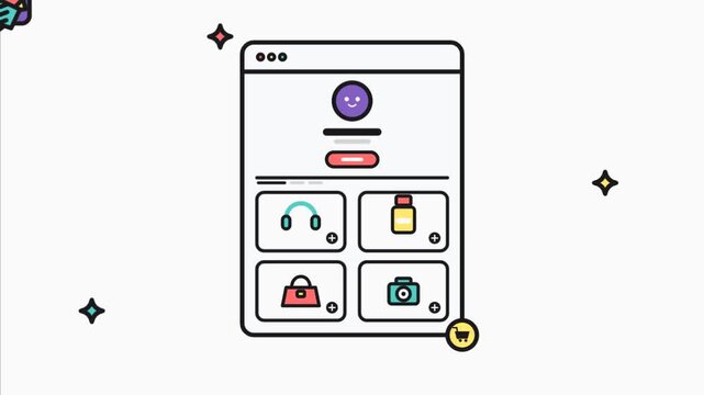 Animated online shop interface illustration with product icons and user profile avatar for e-commerce design