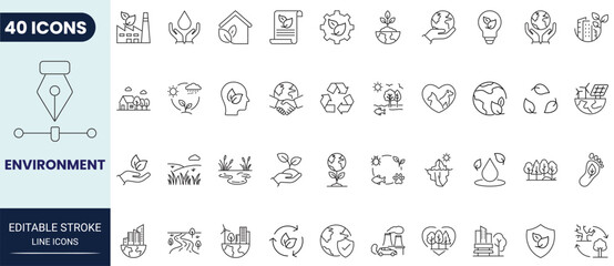 Environment icon set in outline style. Collection of environment, ecology, sustainability, nature, recycle, and green icons. Editable stroke. Vector icon collection. © Gretta