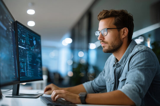 Focused young male software developer working on computer code in a modern office environment. He is analyzing data and programming at his workstation with multiple monitors