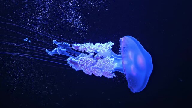 Underwater bioluminescent marine creature with trailing tentacles gracefully drifts through dark ocean abyss, showcasing ethereal blue glowing luminescence creating a mesmerizing aquatic scene